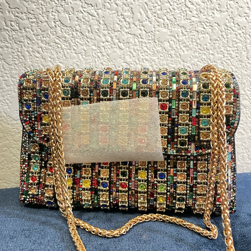 Colorful Rhinestone Crystal Clutch Gold Chain Evening Party Bag